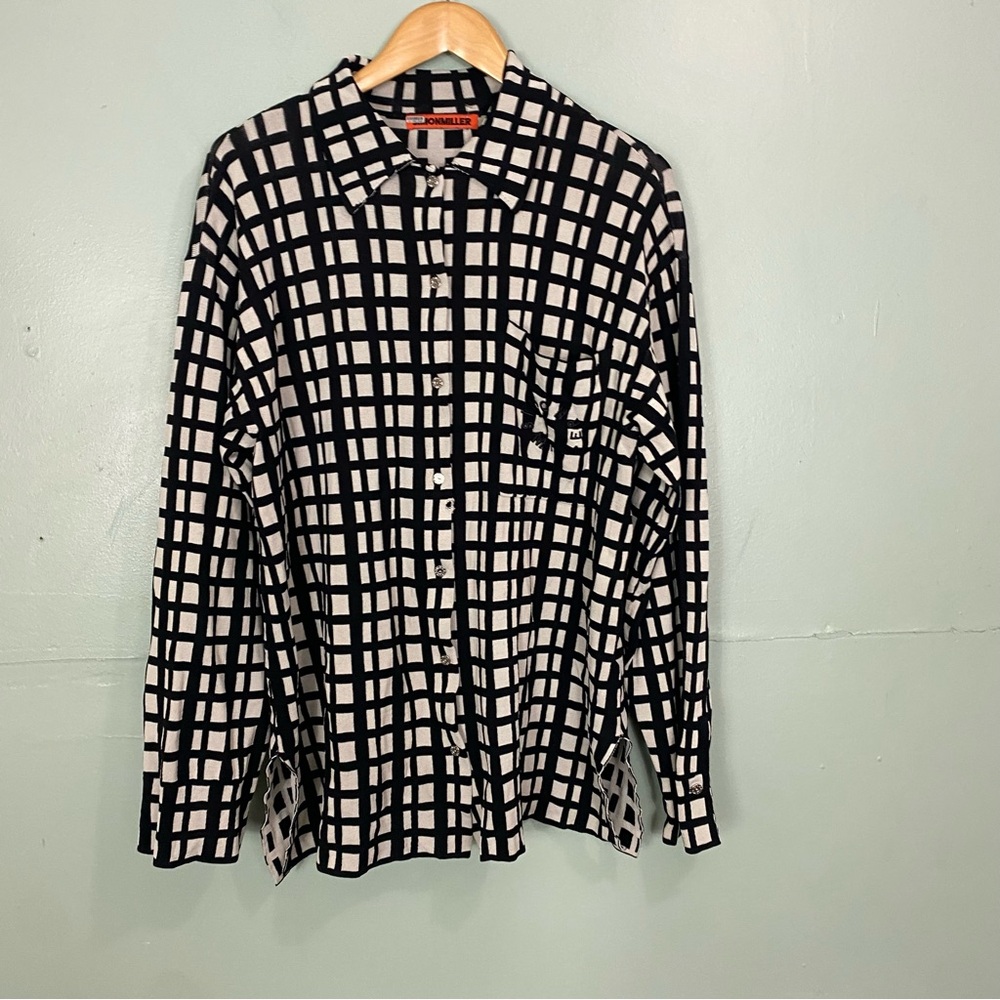 Simon Miller Oversized Blaz Knit Jacket Plaid Black Cream Large FLAWED